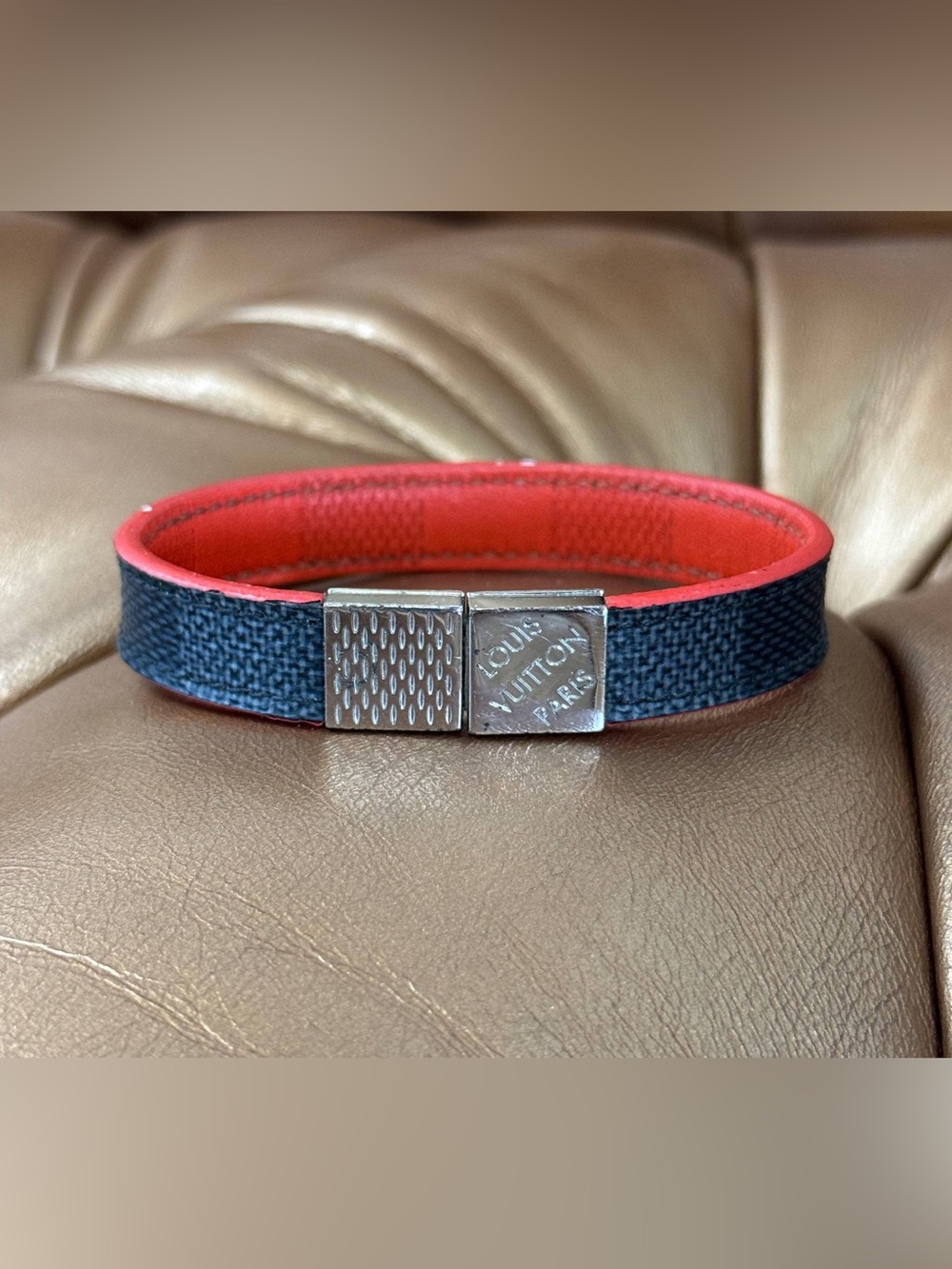 AUTH Louis Vuitton LV Damier Graphite Leather Two Tone Leather Bracelet